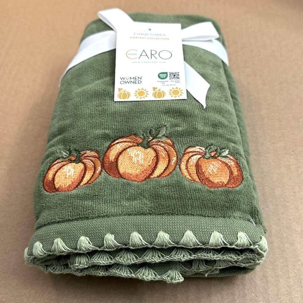 2pc CARO HOME 100% Cotton Hand Towel Set With Pumpkin Motif - Green